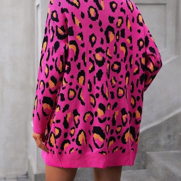 Pink Preppy Womens Leopard Pattern Drop Shoulder Open Front Cardigan - Picture 2 of 5